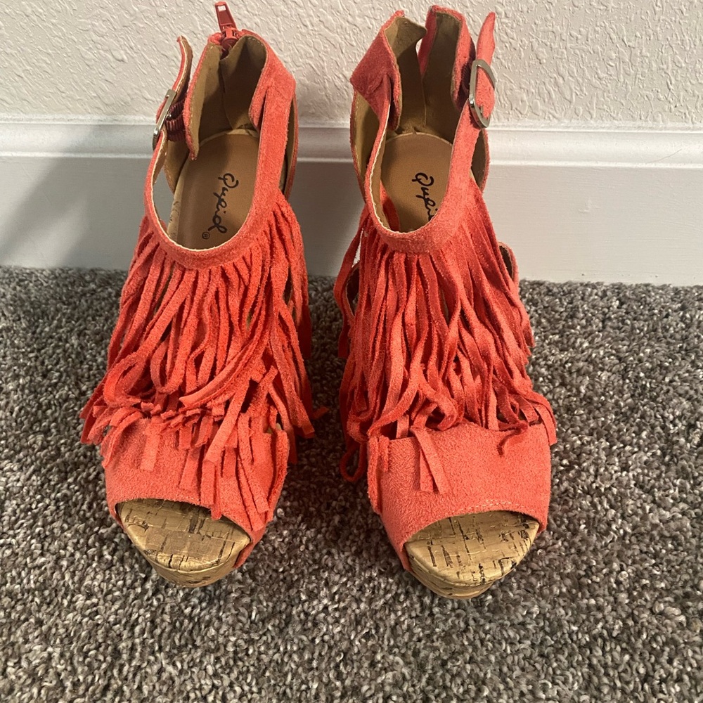 Qupid Orange Fringe Peep Toe Wedges